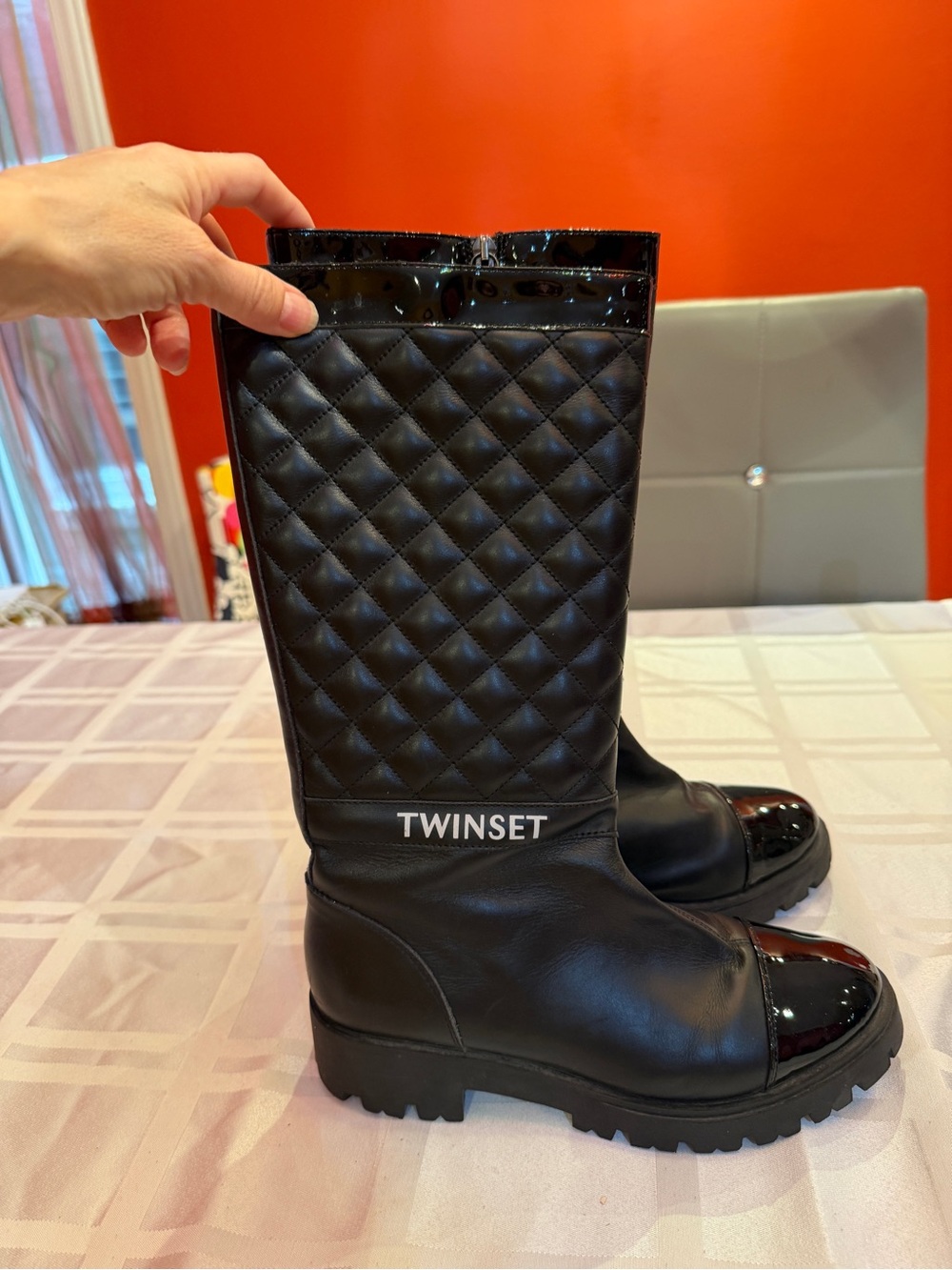 Twin-Set Black Quilted Mid-Calf Boots with Patent Cap. Made in Italy
